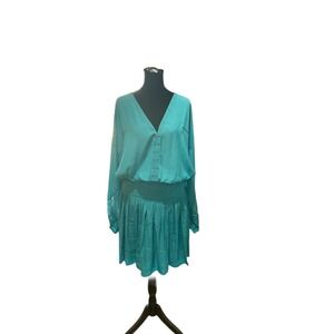 Ramy Brook Vaira Dress Teal Blue Smocked Waist Studded V-Neck Mini XL R08253000